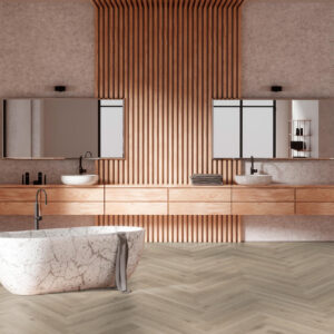 Aranżacja Jodełka Winylowa Rigid Herringbone - Highland Oak CLASSIC GREY